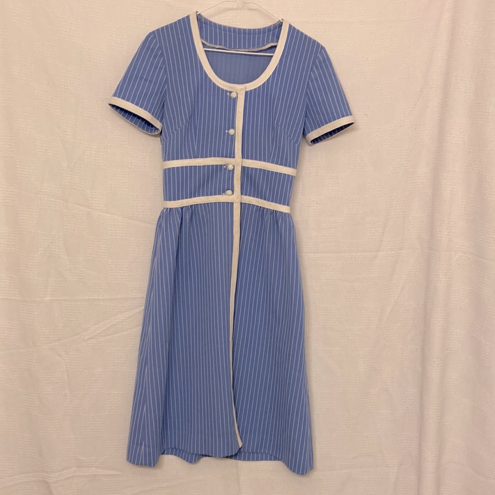 Vintage short sleeve dress, blue & white vertical stripes, handmade, size small